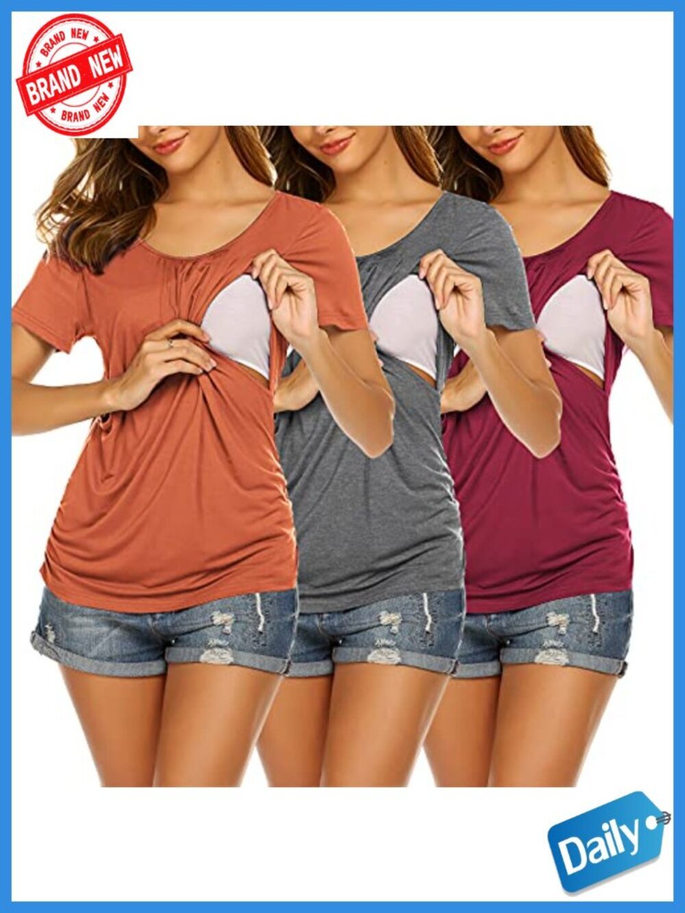 3 Pack Nursing Tops for Breastfeeding Soft Maternity Shirts Short Sleeve Side